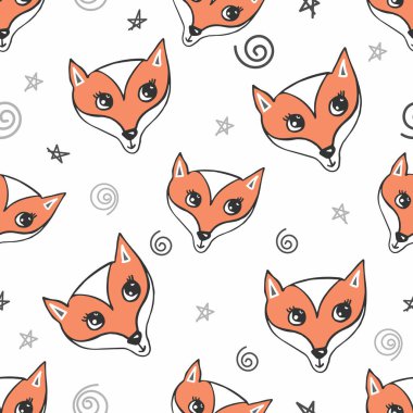 Beyaz üzerinde şirin kırmızı tilkiler olan kusursuz bir desen. Bebek tişörtü baskısı için el çizimi vektör ilüstrasyonu, moda deseni tasarımı, çocuk giyimi, bebek partisi kutlaması ve davetiye kartı. Vektör