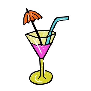 Saman ve şemsiye taşıyıcı çizim ikonu olan kokteyl, beyaz arka planda izole edilmiş çizgi sanat tarzı. Vektör illüstrasyonu