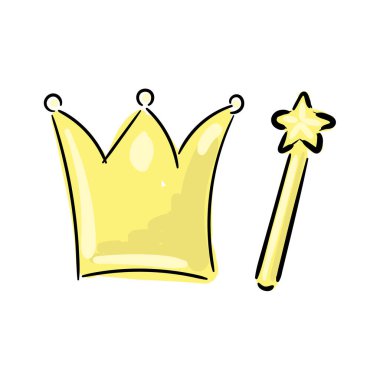 Sarı karikatür taç ve beyaz zemin üzerinde yıldız olan altın sihirli değnek çizimleri. Vektör illüstrasyonu