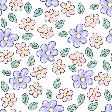 Peri çiçekleriyle kusursuz çocuksu bir düzen. Kumaş, ambalaj, tekstil, duvar kağıdı ve giysi için yaratıcı çocuk şehir dokusu. Yaratıcı dekoratif çiçeklerle kusursuz desen. Vektör illüstrasyonu