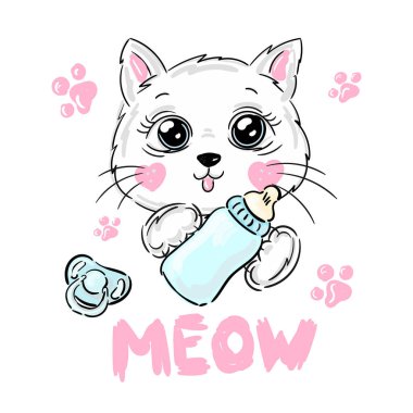 Şirin kedi. Meow harfleri ve emziğiyle şişeden süt içen küçük kedi yavrusu. Bebek, yeni doğan ya da tişörtlerdeki çocuk baskıları için illüstrasyon. Vektör illüstrasyonu