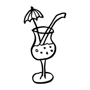 Saman ve şemsiye taşıyıcı çizim ikonu olan kokteyl, beyaz arka planda izole edilmiş çizgi sanat tarzı. Vektör illüstrasyonu