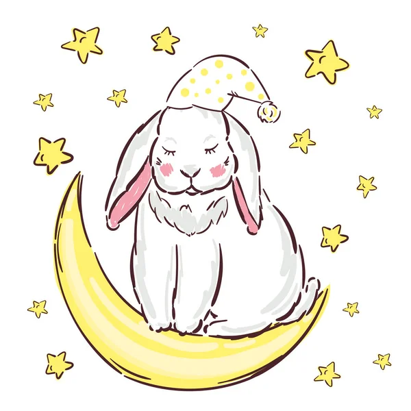 Bunny Seduto Sulla Luna Stampa Illustrazione Disegnata Mano Cartoline Sfondo — Vettoriale Stock