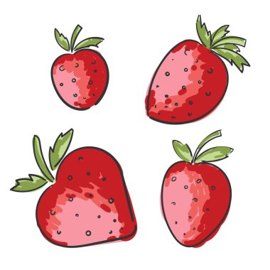 Düz çizgi film çilek seti beyaz arkaplanda izole edilmiş. Çocuk odası, parmak izi ve tekstil için tropikal el çizimi vektör elementleri. Sağlıklı taze besin. Basit organik illüstrasyon