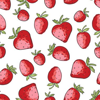 Kusursuz desenli, beyaz arka planda parlak kırmızı çilekli duvar kağıdı. Vektör illüstrasyonu