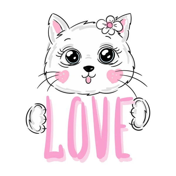 Υπέροχο Κορίτσι Γάτα Ροζ Επιγραφή Αγάπη Μπορεί Χρησιμοποιηθεί Για Εκτύπωση — Διανυσματικό Αρχείο