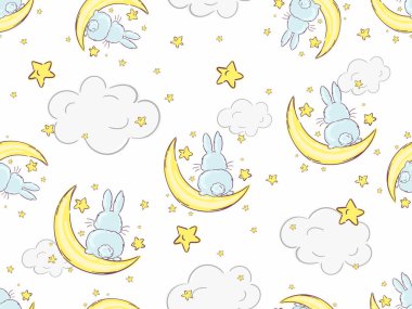 Sevimli yavru tavşan, kusursuz rüya deseni, gece gökyüzünde altın yıldızlı uydular, çocuk kıyafetleri için tavşan çizimi. Çocuk odası duvar kağıdı. Vektör illüstrasyonu