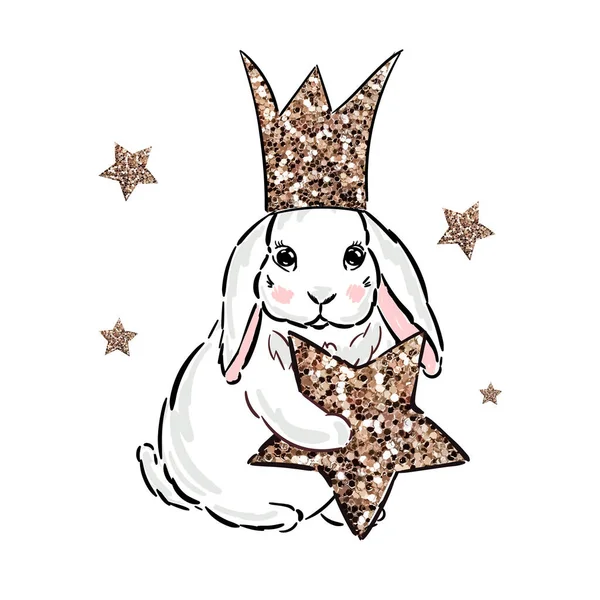 Carino Coniglio Bambino Coniglietto Con Corona Stelle Oro Stampa Dolce — Vettoriale Stock