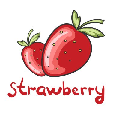 Beyaz arka planda izole edilmiş metin izli düz çizgi film çileği. Çocuk odası, parmak izi ve tekstil için yaz vektör elementleri. Sağlıklı taze besin. Basit bir organik illüstrasyon. Vektör