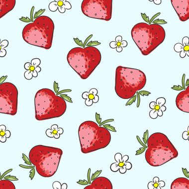 Çilek ve çiçek soyut el çizimi tipografi, tekstil ya da ambalaj tasarımı için mavi arkaplan üzerine kusursuz desen. Vektör illüstrasyonu
