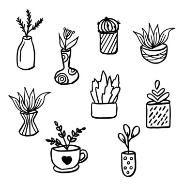 Saksıdaki çiçek seti beyaz arka plana siyah çizgi çizdi. Vektör çizgileri. Vektör illüstrasyonu
