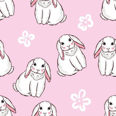 Açık pembe arka planda çiçekli şirin beyaz tavşancıkları olan kusursuz bir desen. Çocuklar için vektör geçmişi. Vektör illüstrasyonu