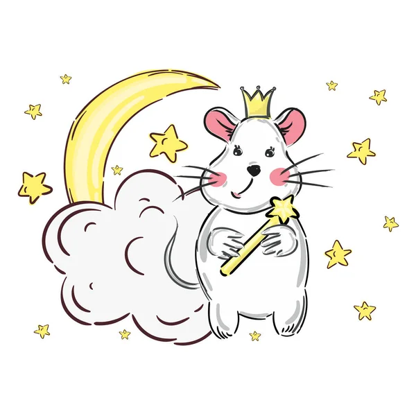 Carino Cartoon Mouse Luna Nuvole Con Stelle Stampa Prima Coricarsi — Vettoriale Stock