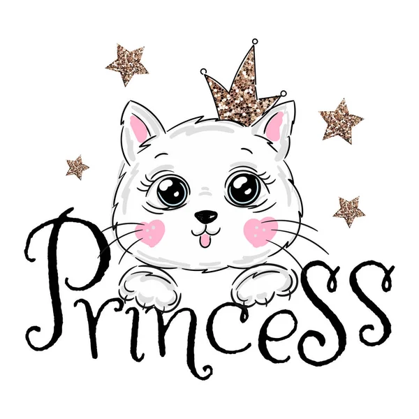 Carino Gatto Principessa Con Una Corona Glitter Illustrazione Vettoriale — Vettoriale Stock