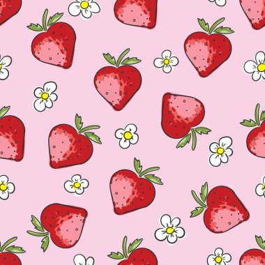 Pembe arka planda şirin kırmızı çilek ve beyaz çiçekler. Parmak izi kumaşı için kusursuz desenli vektör illüstrasyon kızı tasarımı. Vektör illüstrasyonu