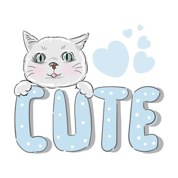 Handgezeichnete Niedliche Katzen Illustration Für Shirt Druck Auf Blauem Hintergrund — Stockvektor