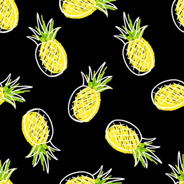 Sarı ananas çizgi film karakteri siyah arka planda kusursuz desen. Vektör illüstrasyonu