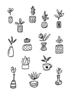 Saksıdaki çiçek seti beyaz arka plana siyah çizgi çizdi. Vektör çizgileri. Vektör illüstrasyonu