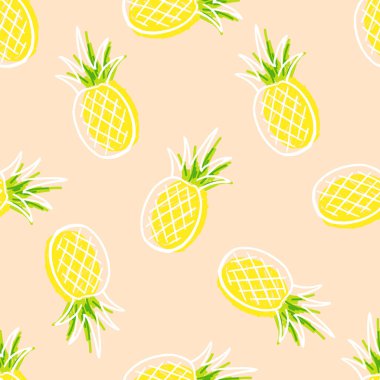 Arka plan, duvar kağıdı, giysi, ambalaj, kumaş için yaprak tasarımlı kusursuz desenli ananas meyvesi. Vektör illüstrasyonu