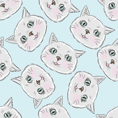 Mavi ve gri kedi pürüzsüz desen. Kedi arkaplan vektör çizimi. Çocuk odası kızı ya da erkek bebek baskısı için tatlı bir çizgi film karakteri. Vektör illüstrasyonu