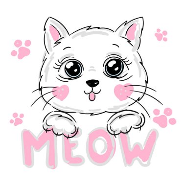 Sevimli kedi kafası, miyavlayan tatlı beyaz kedicik, pembe pençeli. Vektör illüstrasyonu