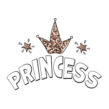 Taçlı şirin prenses yazısı. Küçük prenses tişörtü baskısı. Giysiler, kreş, kartlar, posterler için çocuksu tasarım. Vektör İllüstrasyonu. Vektör illüstrasyonu