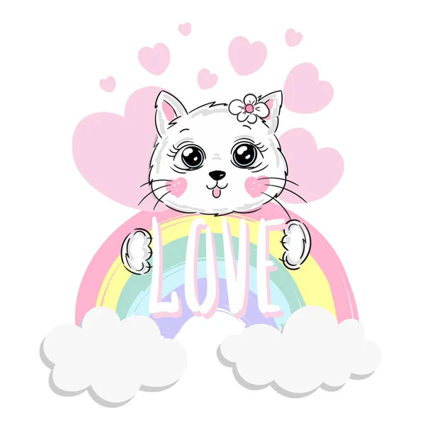 Disegnato Mano Carino Gatto Cuori Rosa Arcobaleno Con Testo Amore — Vettoriale Stock