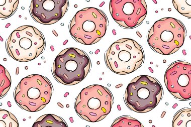 Renkli donutlarla kusursuz bir desen. Beyaz arka plan. Kız gibi. Baskı ve ağ için. Vektör illüstrasyonu