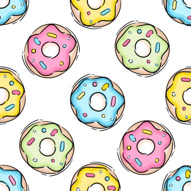 Renkli donutlarla kusursuz bir desen. Beyaz arka plan. Kız gibi. Baskı ve ağ için. Vektör illüstrasyonu