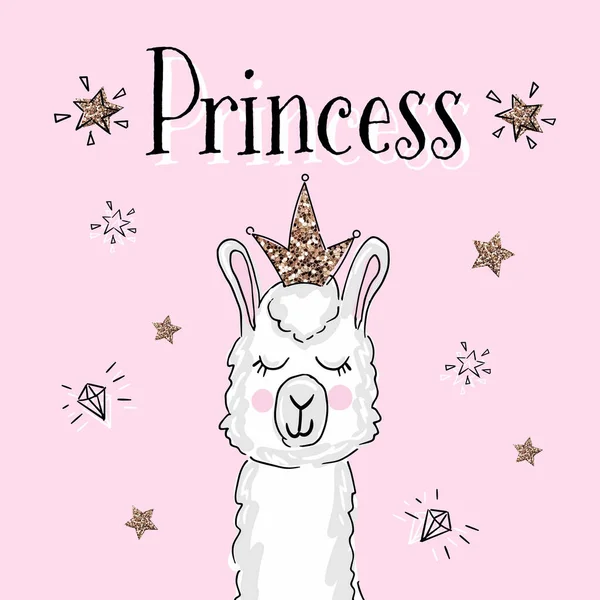 Cute Cartoon Animal Lama Inscription Princess Vector Illustration — Stock Vector