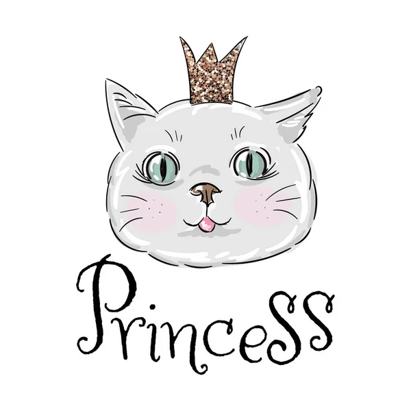 Süße Prinzessinnenkatze Mit Glitzernder Krone Und Schriftzug Prinzessinnendruck Vektorillustration — Stockvektor
