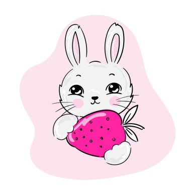 Çilek izli şirin kız bebek tavşanı. Vektör illüstrasyonu