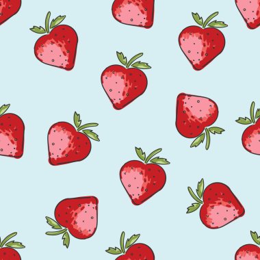 Mavi üzerine izole edilmiş kırmızı çilek desenli iz vektörü. Vektör illüstrasyonu