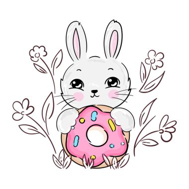 Çizgi filmlerde pembe çörekli şirin bebek kız tavşancık baskısı. Vektör illüstrasyonu