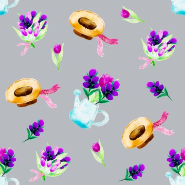 Bahçe işleri suluboya desenleri, bahar çiçekleri ve sulama tenekeleri. Vektör illüstrasyonu