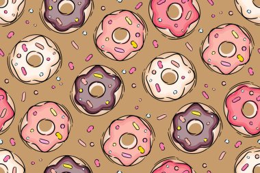 Beyaz, çikolatalı ve pembe donutlu kusursuz desenler, kahverengi bej izole arkaplanlı el çizimi çizimleri. Vektör illüstrasyonu