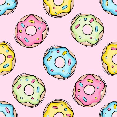 Renkli çörekler. Pembe tatlı arka planında izole edilmiş sonsuz, pürüzsüz desenler. Suluboya çizimi. Vektör illüstrasyonu