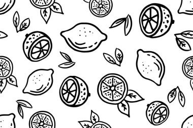 Taze limon baskısı. El çizimi karalama limon çizimi. Minimalizm limonu. Turunçgil meyveli kusursuz desen. Vektör illüstrasyonu