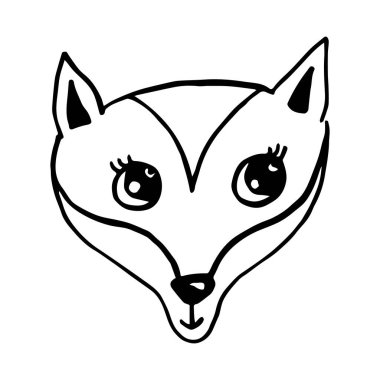 Şirin karalama tilki suratı. Komik hayvan kafası ikonu. Beyaz arkaplanda karalama tarzında el çizimi izole edilmiş vektör çizimi. Vektör illüstrasyonu