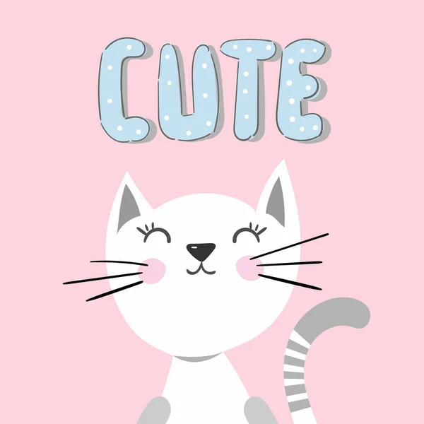 Schattig Cartoon Wit Kitten Met Slogan Tekst Blauw Schattig Vectorillustratie — Stockvector