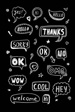Karalama tarzında bir konuşma balonu seti. Merhaba, bye, Hi white on black. Vektör. Vektör illüstrasyonu