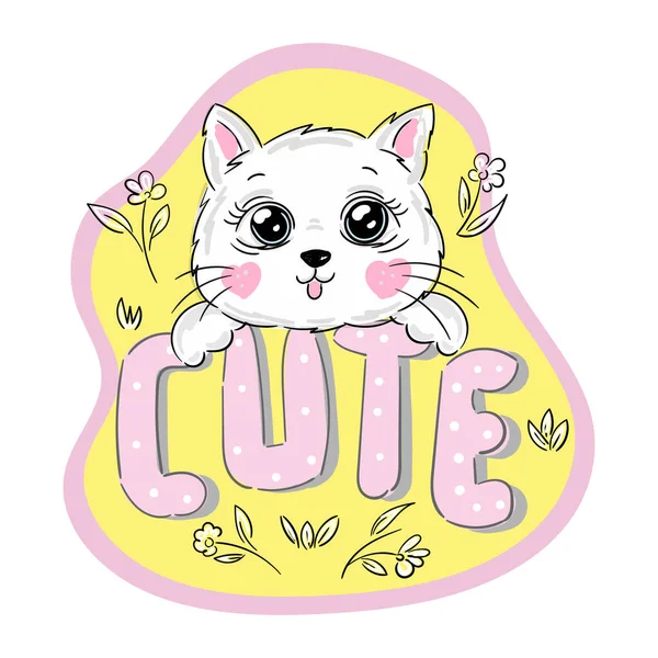 Schattig Cartoon Wit Kitten Met Slogan Tekst Roze Schattig Gele — Stockvector