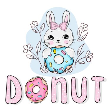 Çizgi filmlerde pembe çörekli şirin bebek kız tavşancık baskısı. Vektör illüstrasyonu