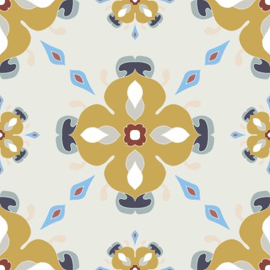 Azulejo fayanslarından pürüzsüz renkli yamalar. Portekizce ve İspanya dekoru. İslam, Arap, Hint, Osmanlı motifi. Vektör El çizilmiş arka plan. Vektör illüstrasyonu