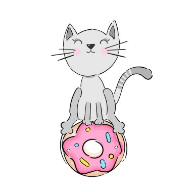 Şirin Çizgi Film Kedisi, çörekli yavru kedi vektör baskısı. Vektör illüstrasyonu