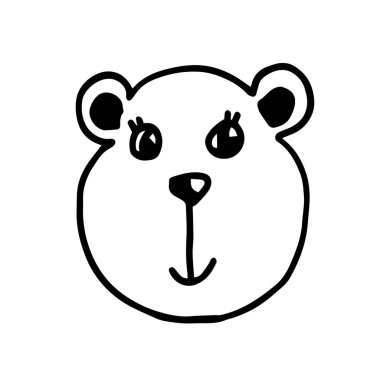 Çocuksu şirin hayvan suratı, ayı kafası karalama stili. Kumaş, poster, tekstil, kartpostal, duvar kağıdı, bebek kıyafetleri için yaratıcı karalama baskısı. Vektör illüstrasyonu