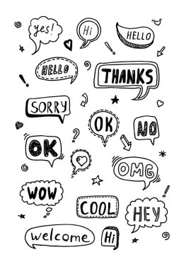 Beyaz sette şirin karalama vektörü konuşma balonu siyahı, elle yazılmış konuşma baloncukları seti. Vektör illüstrasyonu