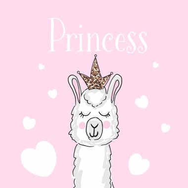 Taç çizim vektörlü el çizimi lama, şirin Lama kızı baskısı. Vektör illüstrasyonu