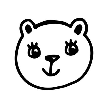 Çocuksu şirin hayvan suratı, ayı kafası karalama stili. Kumaş, poster, tekstil, kartpostal, duvar kağıdı, bebek kıyafetleri için yaratıcı karalama baskısı. Vektör illüstrasyonu