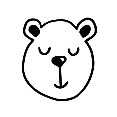 Çocuksu şirin hayvan suratı, ayı kafası karalama stili. Kumaş, poster, tekstil, kartpostal, duvar kağıdı, bebek kıyafetleri için yaratıcı karalama baskısı. Vektör illüstrasyonu